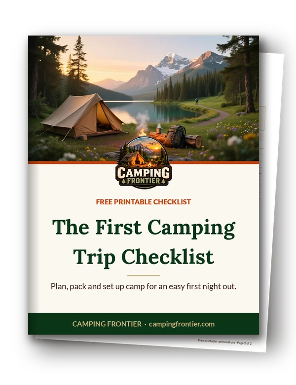 The First Camping Trip Checklist, a free 2-page printable from Camping Frontier