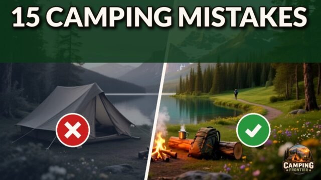 Side-by-side photo: a sagging tent marked with a red X next to a tidy campsite with a campfire marked with a green check, under the words 15 Camping Mistakes and the Camping Frontier logo