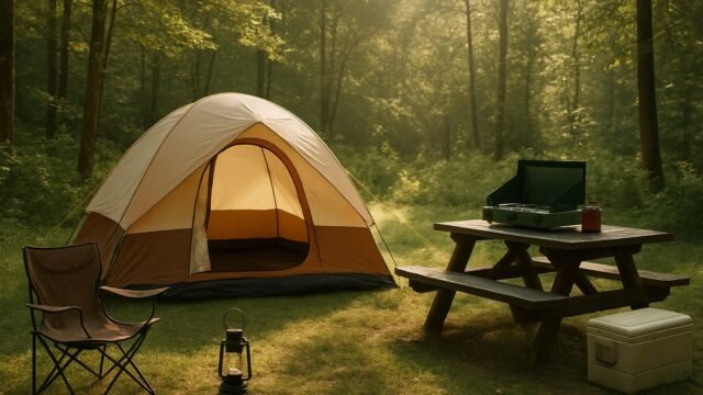 Beginner tent campsite in a sunny forest clearing with dome tent, camp chair, lantern, stove and cooler